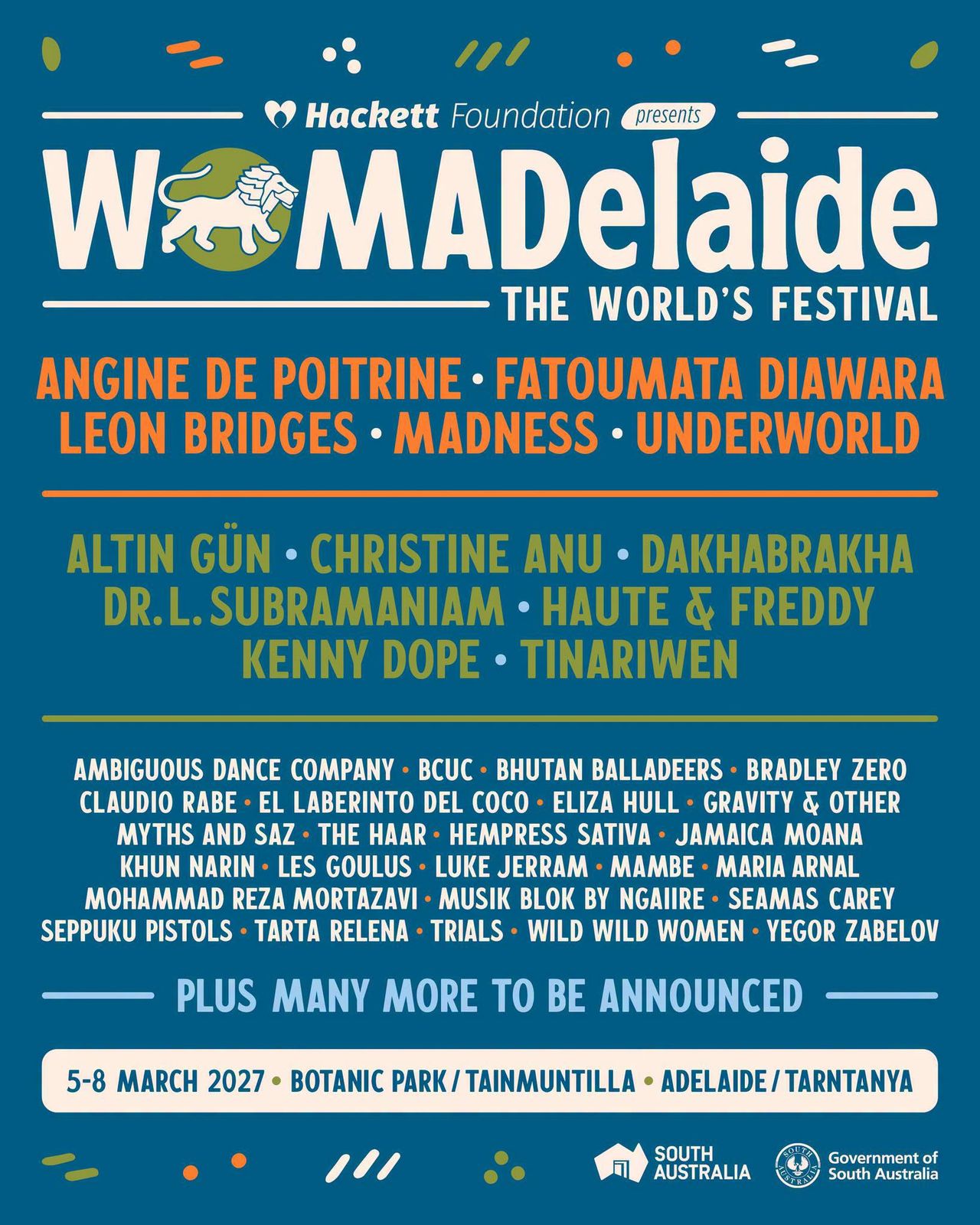 WOMADelaide 2027 festival poster featuring headliners Leon Bridges, Madness, and Underworld on a blue background with Botanic Park dates.